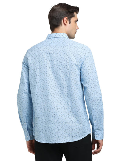 Turtle Men Cotton Linen Blue Printed Slim Fit Full Sleeve Formal Shirt