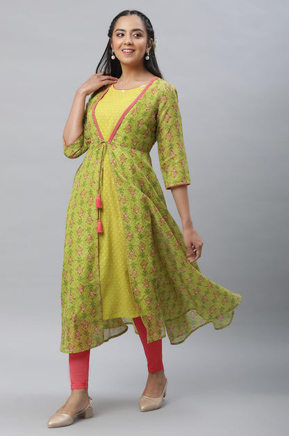Aurelia Women's Green Banana Pure Cotton Straight Kurta, Tights, Gillet Suit Set