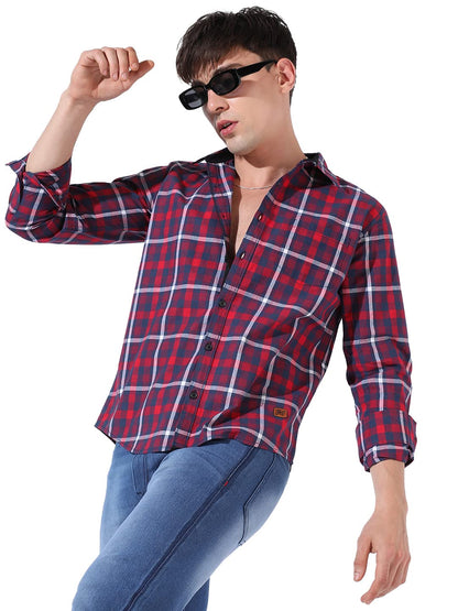 Campus Sutra Mens Red Checkered Button Up Collared Shirt for Casual Wear | Shirt Crafted with Regular Sleeve, Comfort Fit & Hig