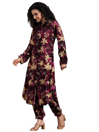 Libas WomenS Burgundy Printed Silk Blend Co-Ords Regular 27799