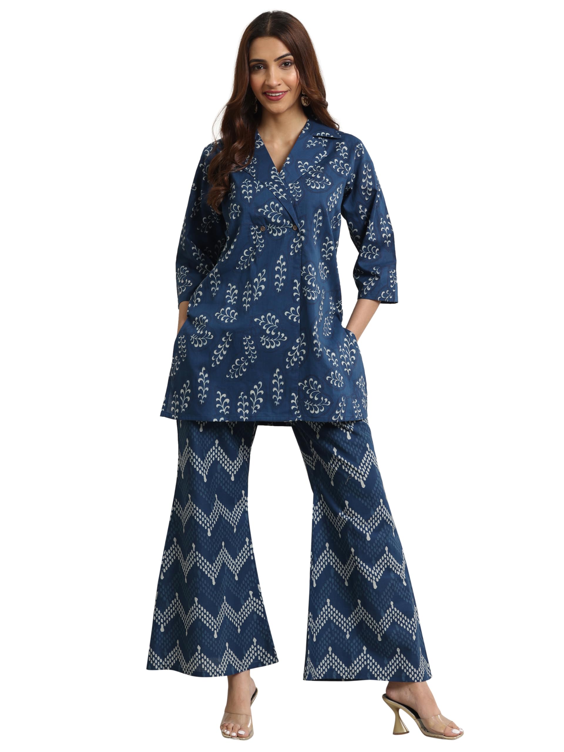 Libas Indigo Floral Printed Front Open Tunic With Chevron Printed Palazzo