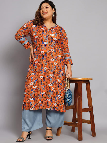 Tissu Women's Plus Size Orange & Blue Printed Kurta with Palazzo