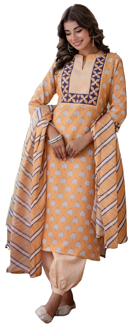 Yashika Women Printed Cotton Blend Straight Kurta Afghani Pant Dupatta Set - Ethnic Elegance Embodied | Perfect Fusion of Tradition and Style