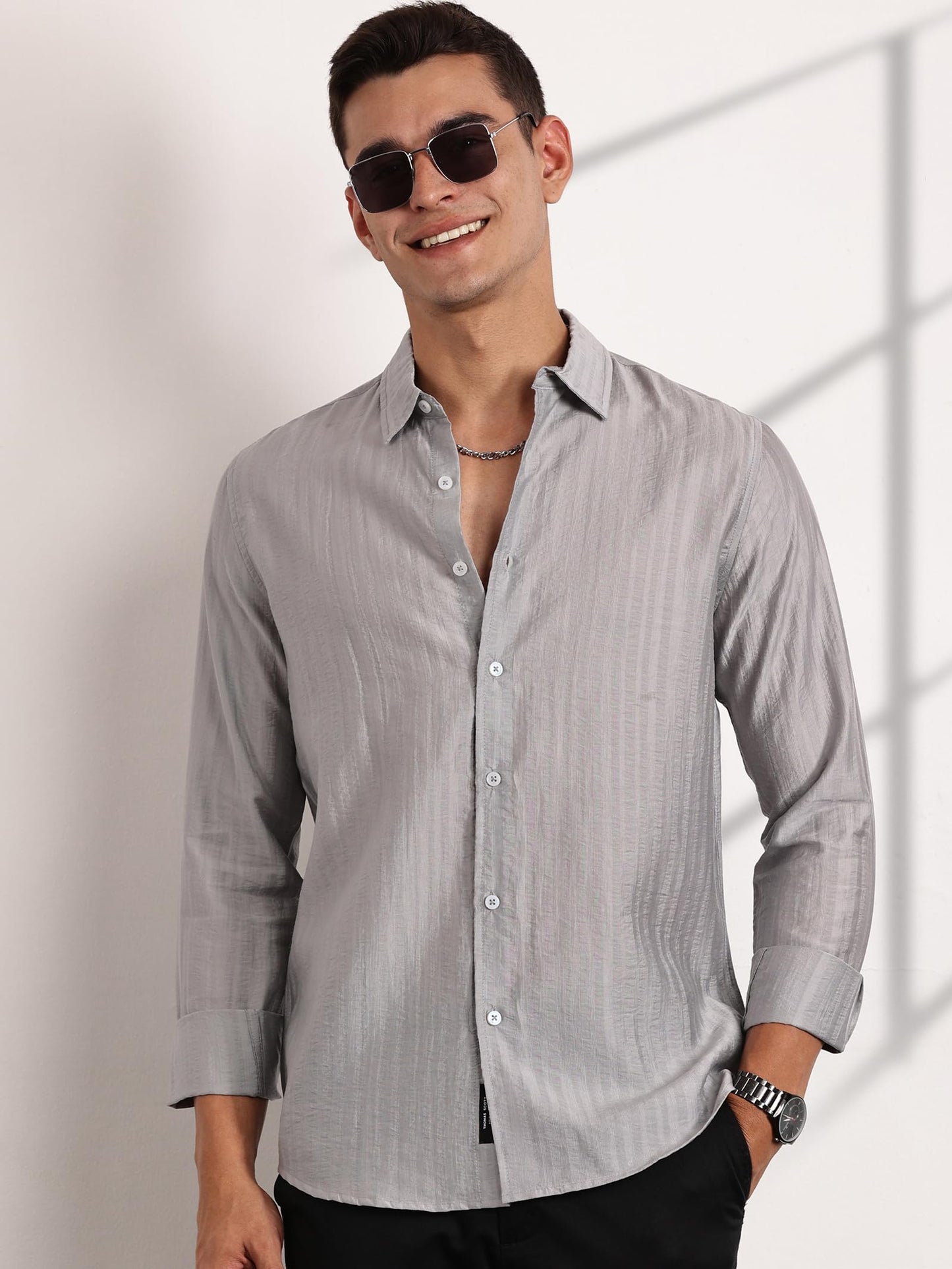 Thomas Scott Slim Fit | Long Sleeve | French Placket | 100% Cotton | Solid Colors | Shirts for Mens Grey