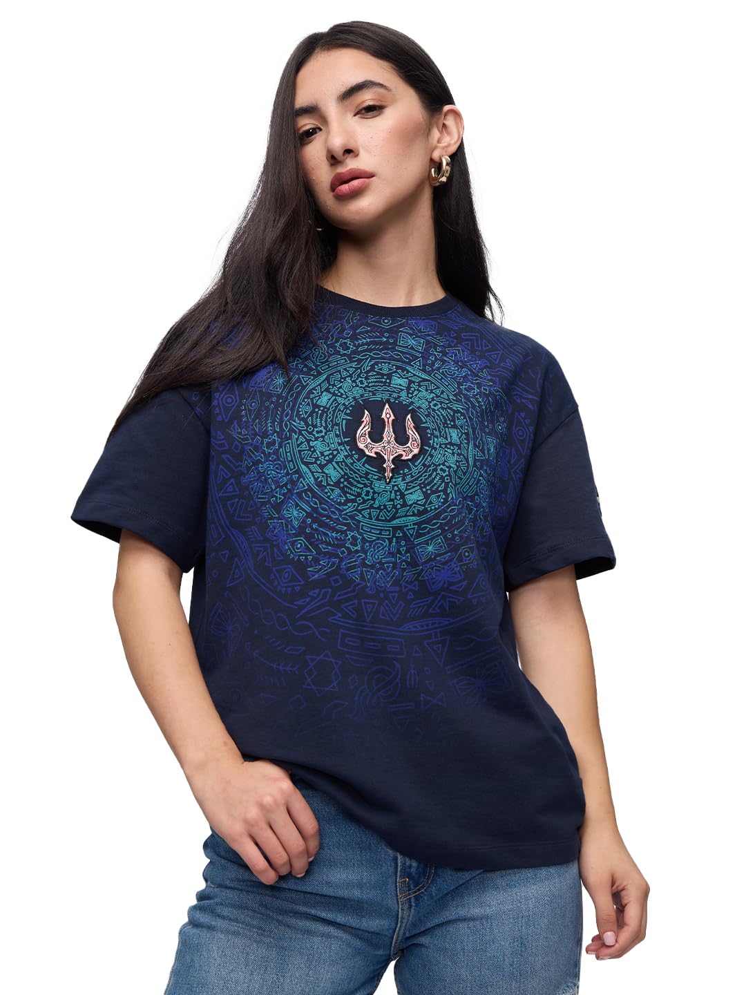 The Souled Store Trident Women and Girls Short Sleeves Round Neck Blue Embroidered Cotton Oversized T-Shirts