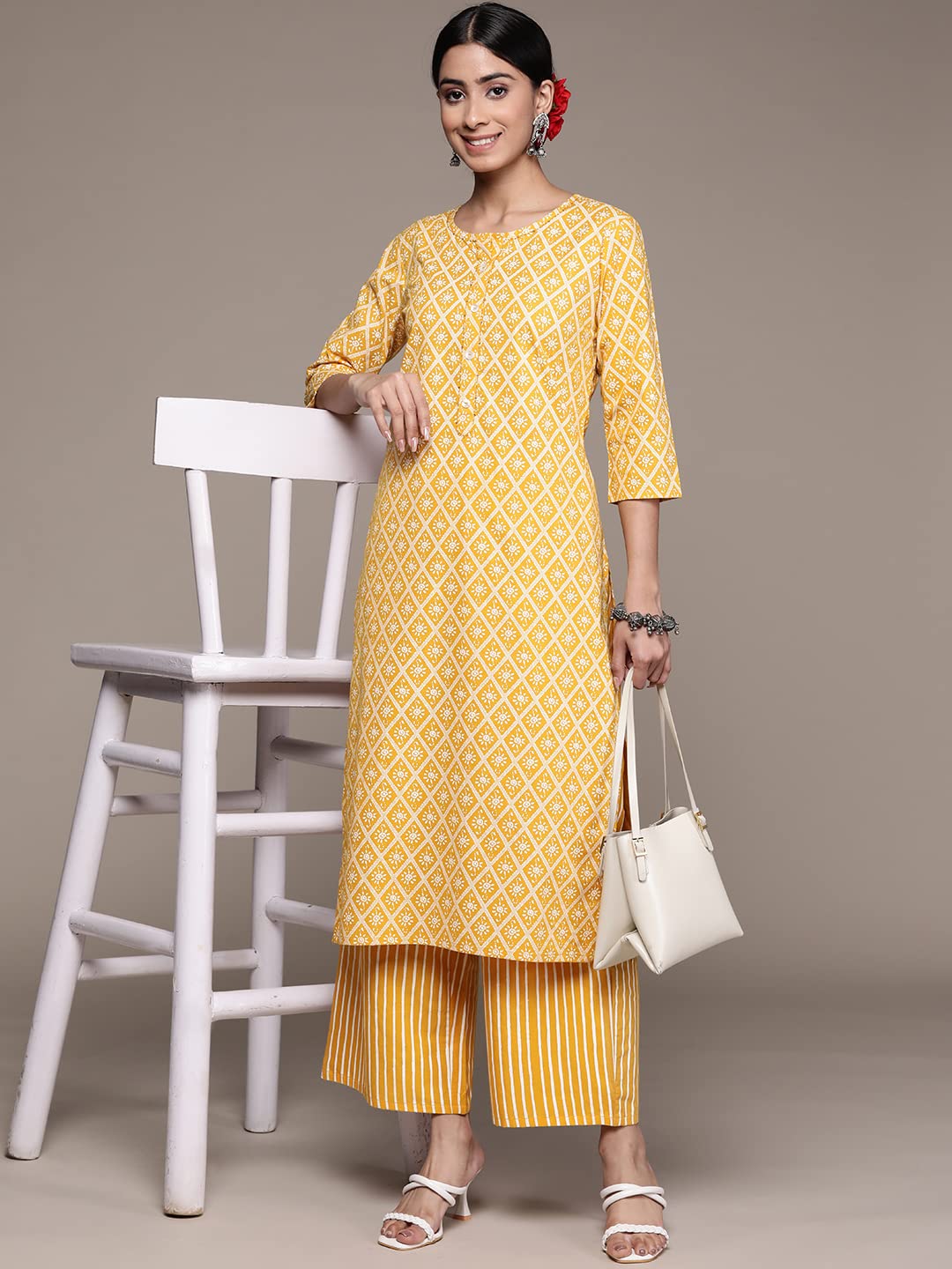 anubhutee Women's Cotton Mustard Ethnic Motifs Printed Straight Kurta Suit Set With Pants