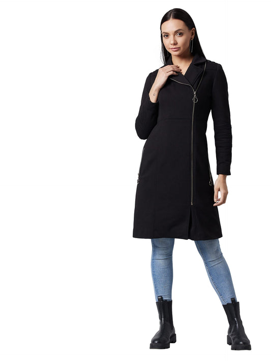 Dolce Crudo WomenS Black V-Neck Full Sleeve Solid Knee Length Jacket (Doaw21Jkt03-43-62-03,Black,S)