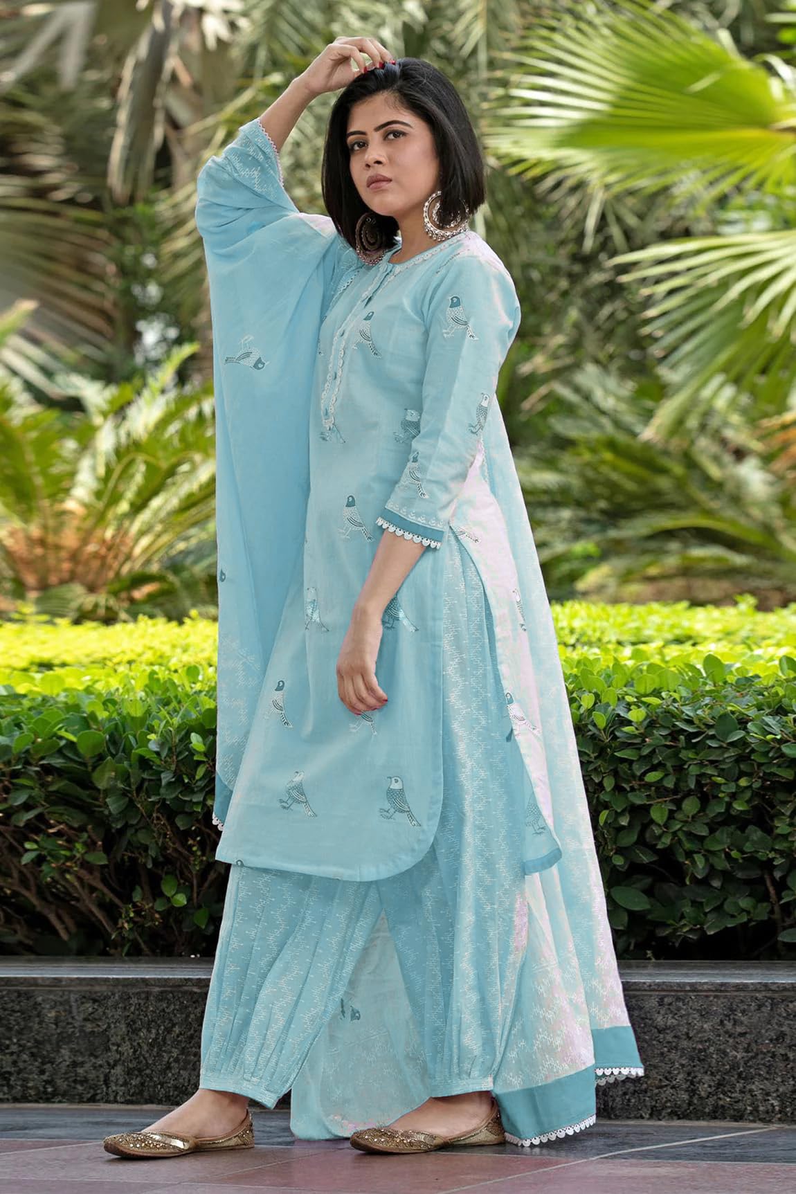 GoSriKi Women's Hand Printed Rayon Blend Kurta with Pants & Dupatta, Small, Purple, Model: RAGSRI-PURPLE-GS