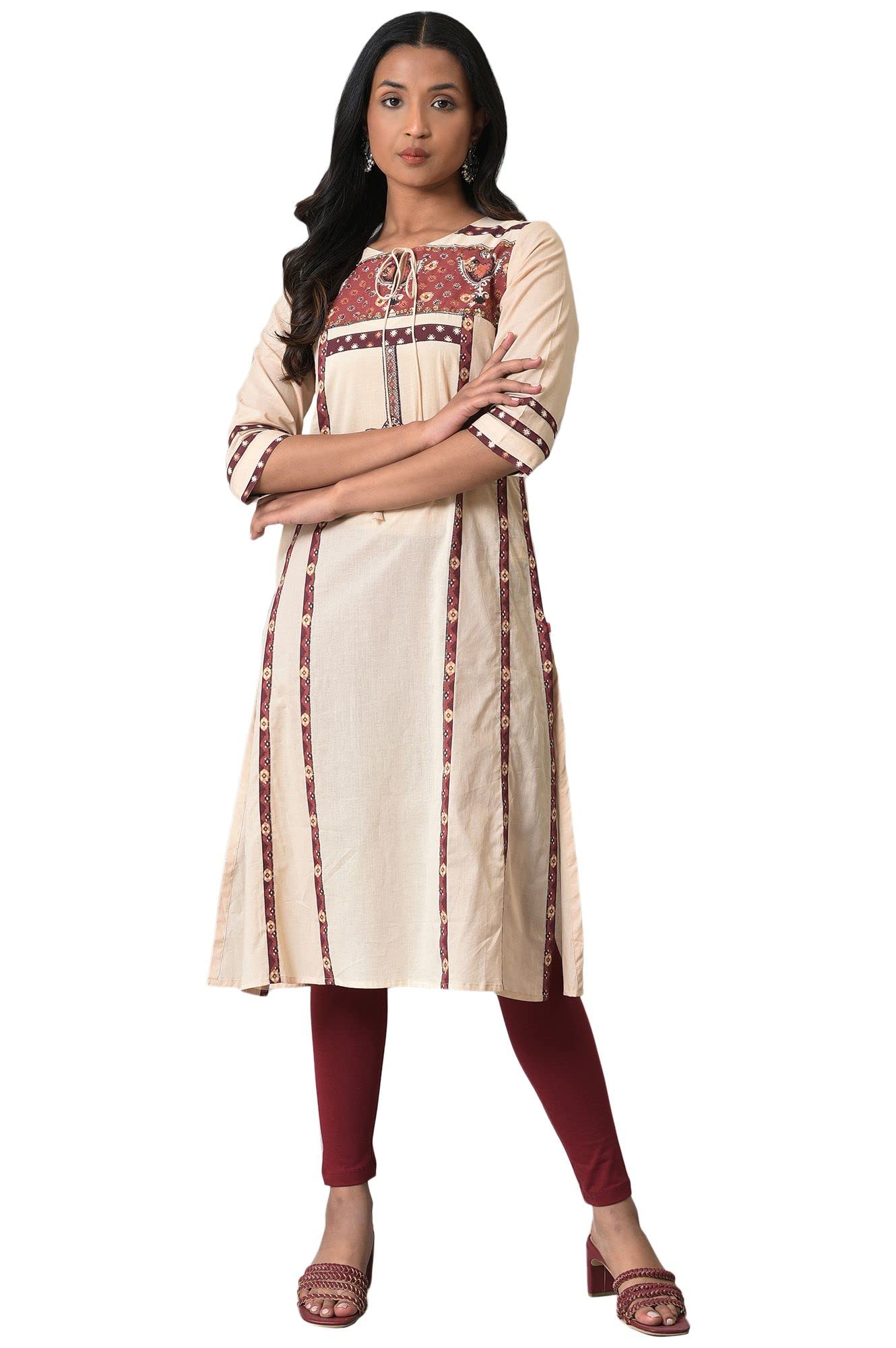 W Gold Khadi Floral Printed Straight Long Cotton Kurta For Women