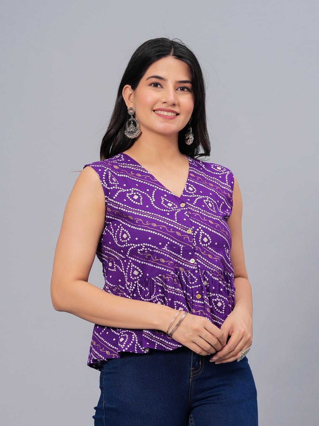 Stylum Womens Bandhej Printed Rayon Peplum Top