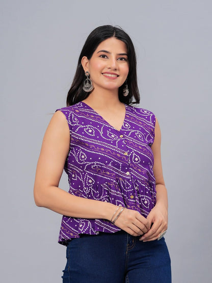 Stylum Womens Bandhej Printed Rayon Peplum Top
