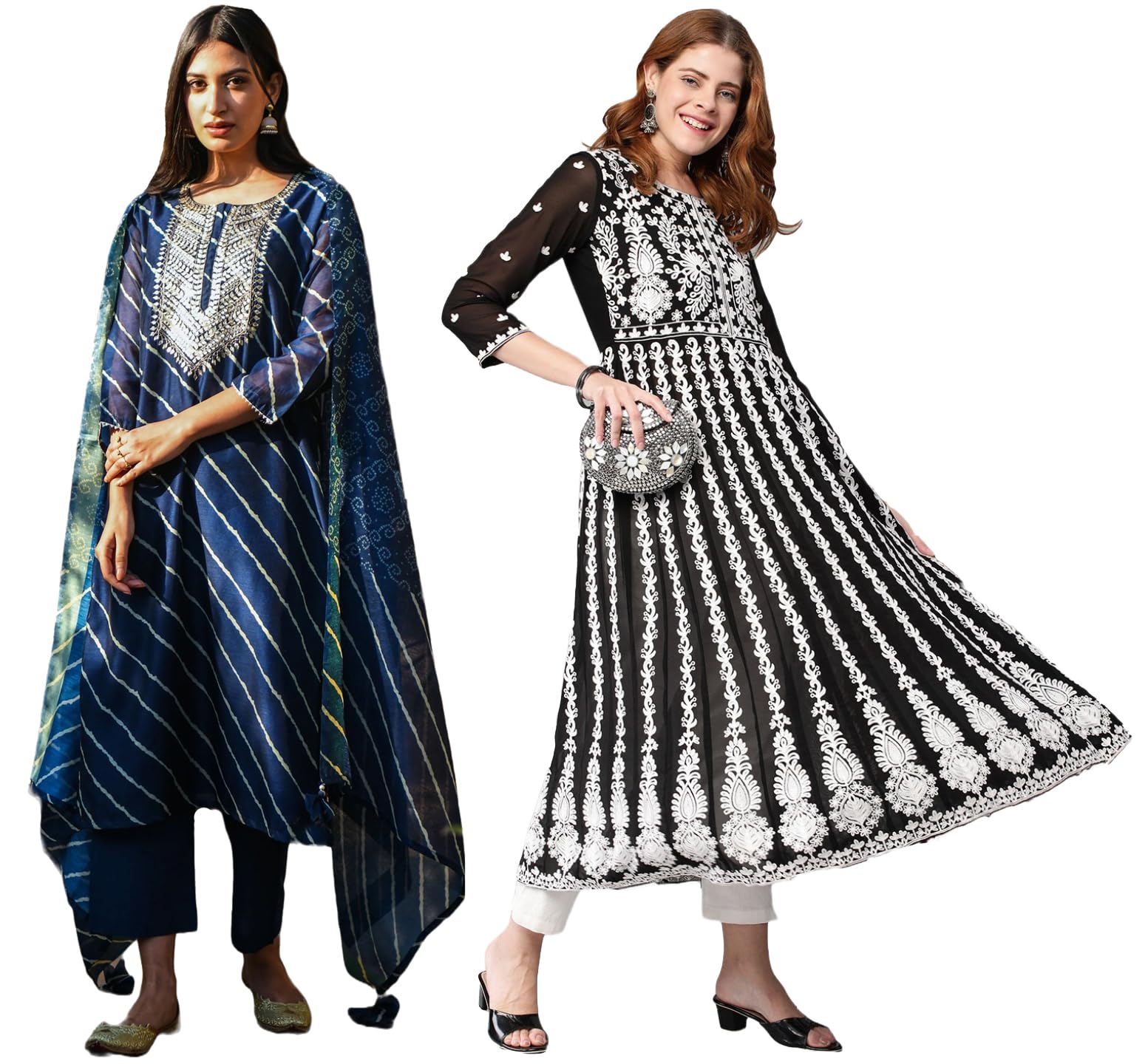 ANNI DESIGNER Womens Cotton Blend Embroidered Straight Kurti Pant Dupatta Set Combo Pack of 2 (Doremi Navy & Kari Black_2105_Mu