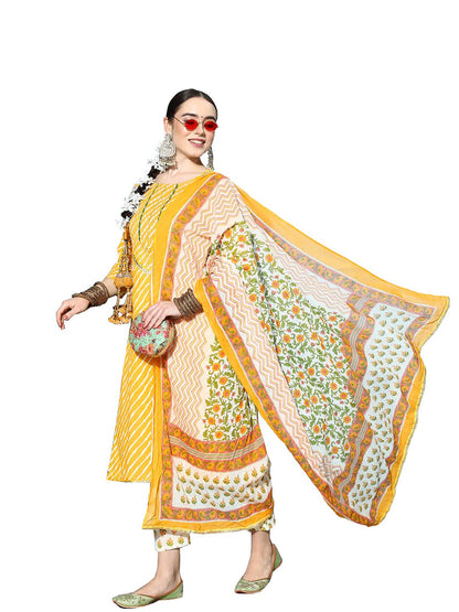 ishin Women's Mustard & White Leheriya Printed A-Line Kurta Trouser Dupatta Set