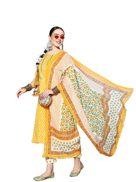 ishin Women's Mustard & White Leheriya Printed A-Line Kurta Trouser Dupatta Set