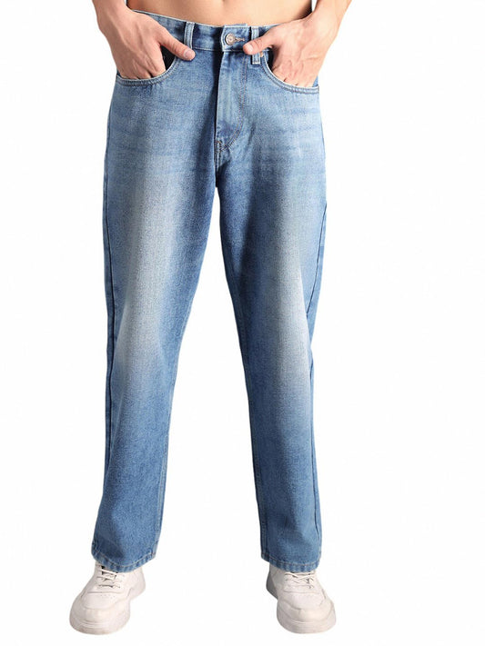 High Star Men Wide Leg Clean Look Light Fade Cotton Jeans