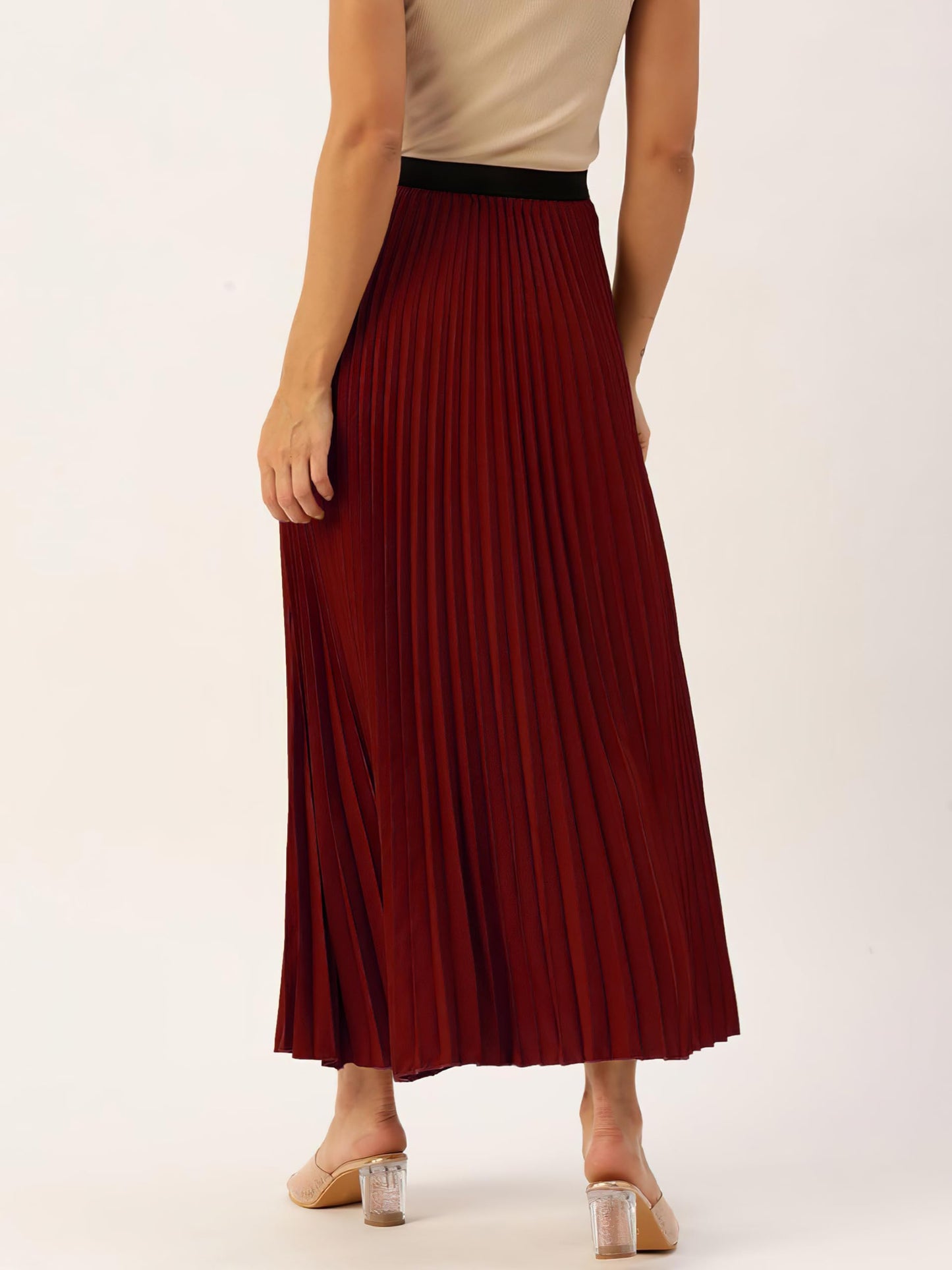 Kzully | Flowing Grace WomenS Satin Accordian Pleat Maxi Flared Skirt Maroon