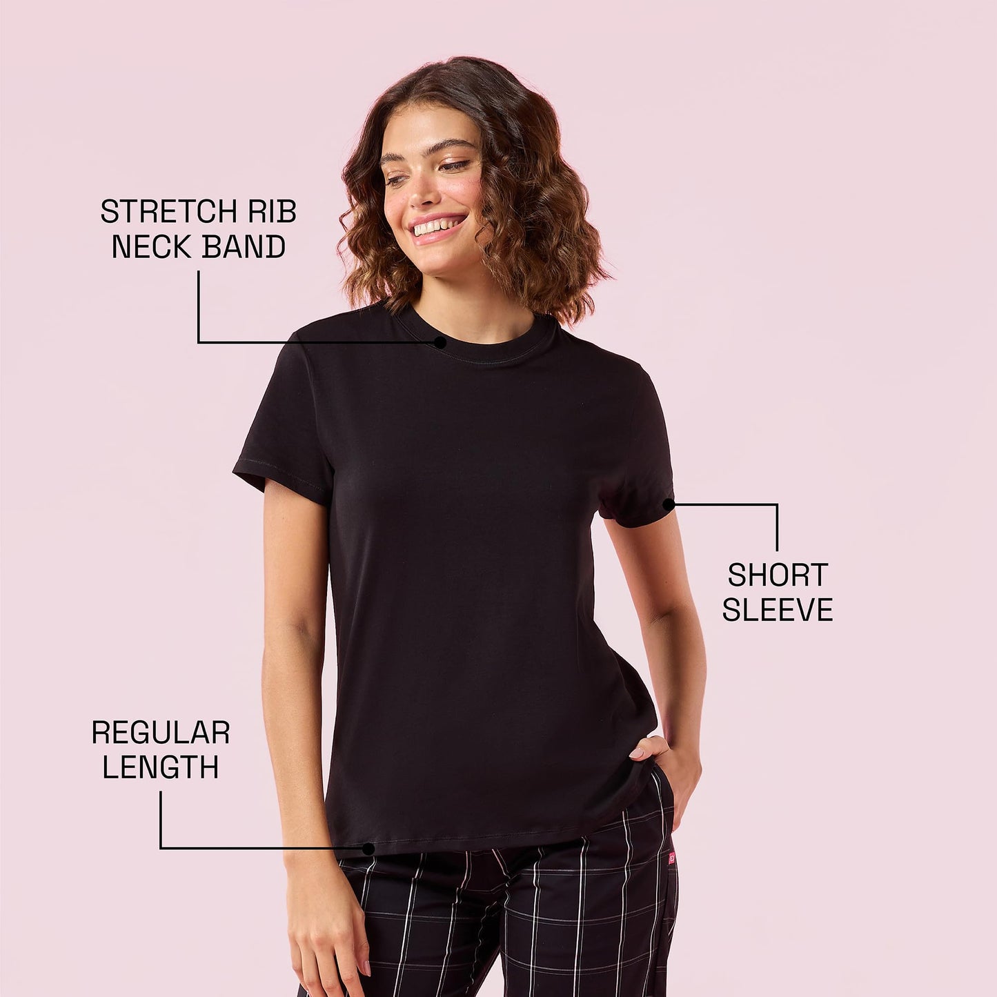 Enamor Womens Solid Relaxed Fit T-Shirt (E311_Jet Black