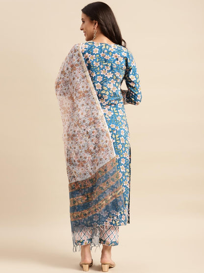 ANNI DESIGNER Women's Cotton Blend Straight Printed Kurta with Pant & Dupatta (Kuntu Blue-NWG_L_Blue_Large)