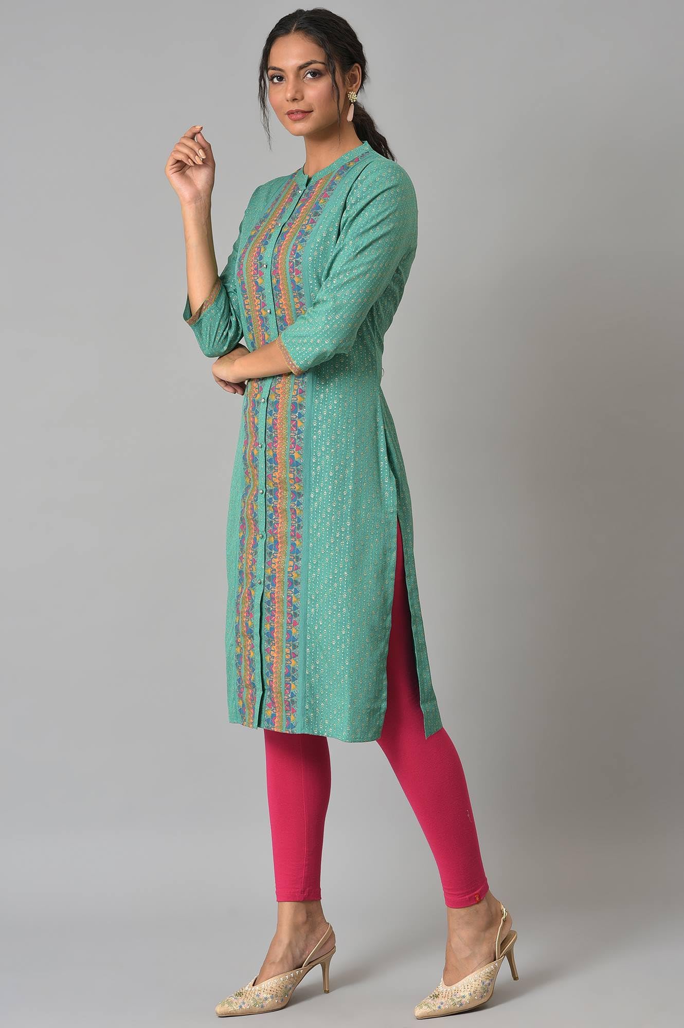 W For Woman Light Green Synthetic Geometric Printed Kurta with Glitter Detail