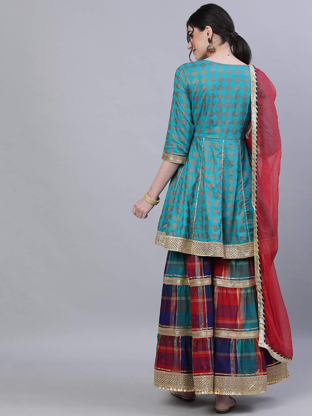 ishin Women's Viscose Rayon Embroidered Gotta Patti Blue Checked Print A-Line Kurta suit set With Dupatta & Sharara