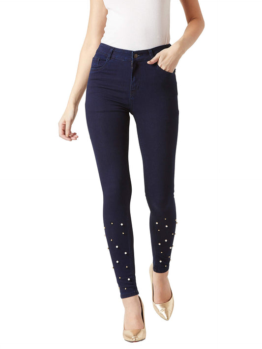 Dolce Crudo WomenS Navy Blue Skinny Fit High Rise Regular Length Pearl Embellished Clean Look Denim Stretchable Jeans(Doss18Den0