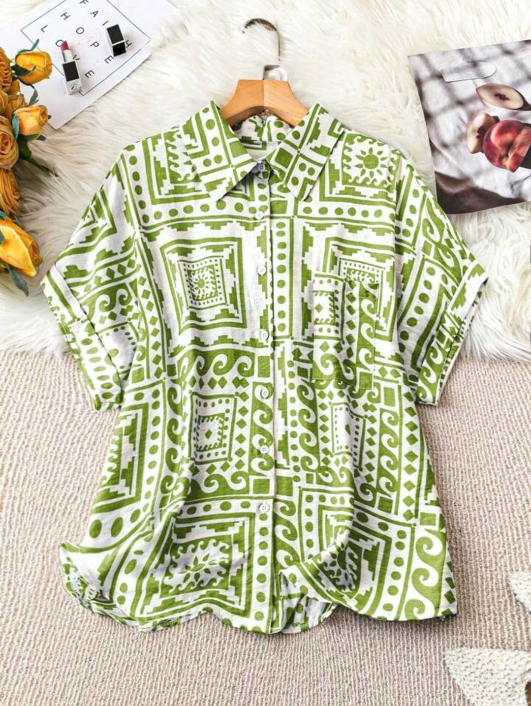 Gufrina WomenS Polyester Shirt With Pocket Half Raglan Sleeves Spread Collar Neck Geometric Printed Relaxed Fit And Standard Le