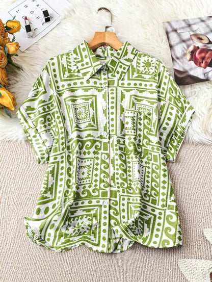 Gufrina WomenS Polyester Shirt With Pocket Half Raglan Sleeves Spread Collar Neck Geometric Printed Relaxed Fit And Standard Le