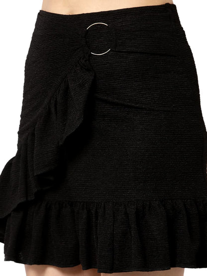 POPWINGS Casual Self-Design Frill with Front Bangle Short Skirts for Women || Above Knee-Length Stylish Western Women Skirt for