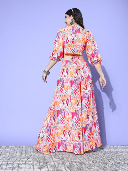 Varanga Women Multi Colour Abstract Printed Wrap Top Paired With Tonal Printed Flared Bottom