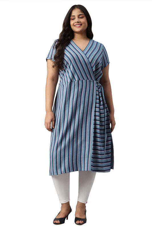 Aurelia Women Blue Cotton Stripes Yarn Dyed Straight Kurta