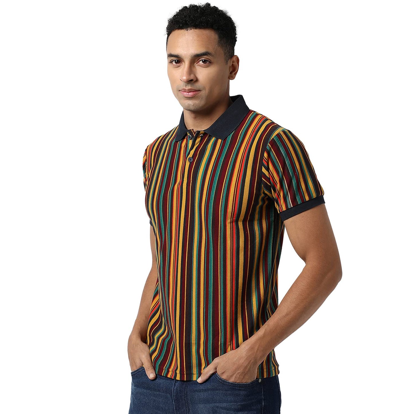 Campus Sutra Mens Striped Multicolour Short Sleeve Regular Fit Casual Polo T-Shirt for Casual Wear | T-Shirt Crafted with Comfo