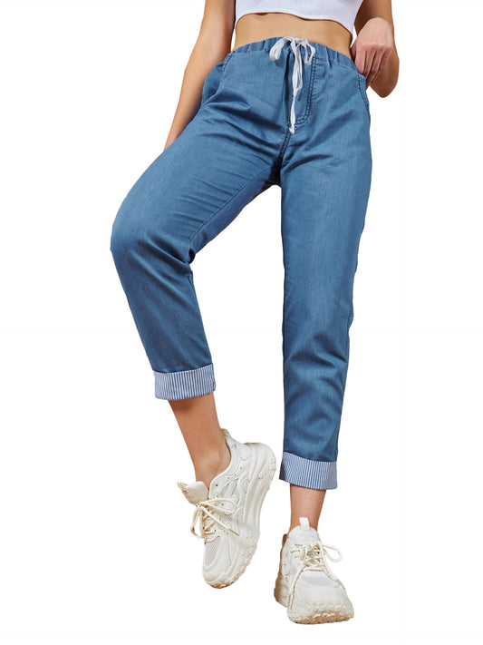 Dolce Crudo Womens High Rise Clean Look Solid Cropped Striped Detailing Denim Joggers (DOSS24DEN98-92-115-34, Blue, 34)