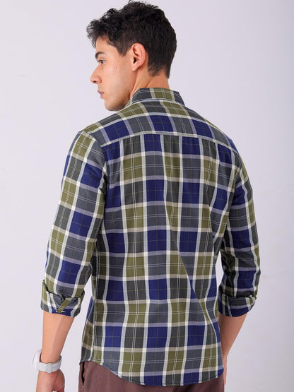 The Indian Garage Co Men Navy & Red Checkered Slim Fit Cotton Casual Shirt