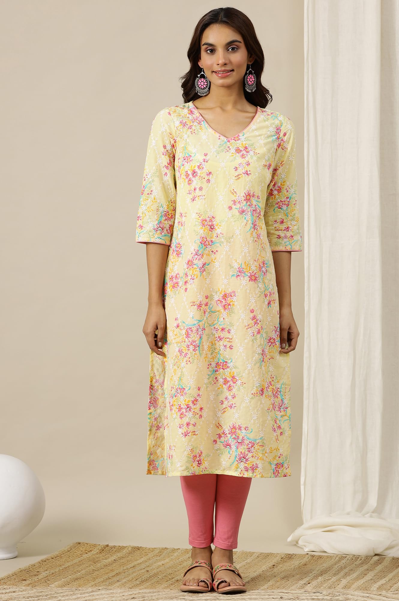 Aurelia WomenS Floral Printed Straight Kurta | V-Neck Kurta For Women | Printed Kurta For Women | Beautiful Regular Fit Kurta Fo