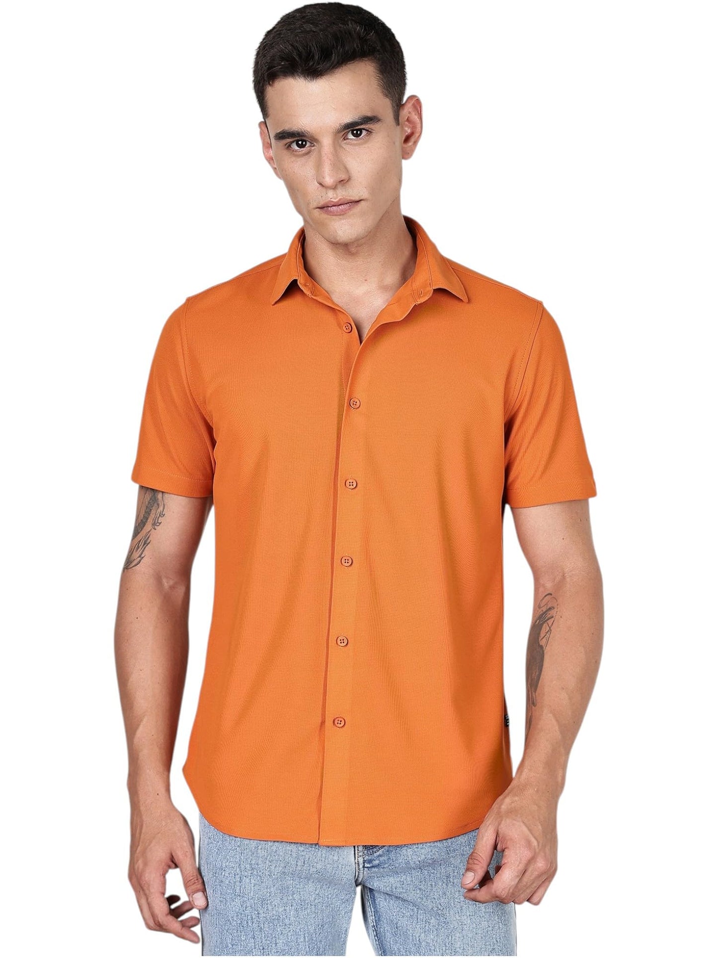 Thomas Scott Mens | Premium | Spread Collar | Slim Fit | Short Sleeves | 4 Way Stretch | Coolmax | Knitted | Casual | Shirts fo