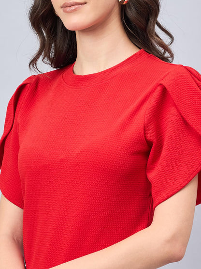 Style Quotient Women Solid Red Poly Knit Smart Casual Regular Tulip Sleeve Top