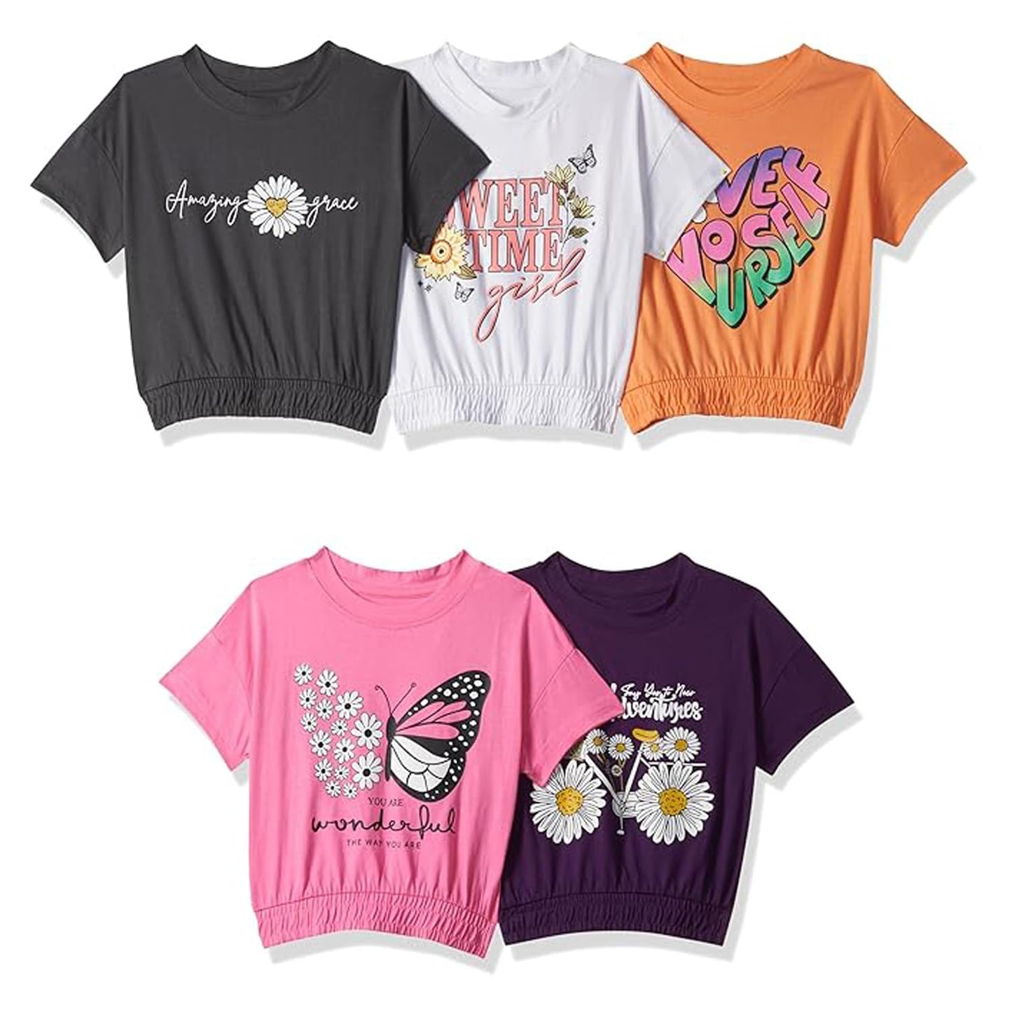 T2F Girls Cotton Printed Regular Fit Crop Top (Pack of 5)
