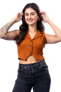 POPWINGS Rust Solid Button Clousre V Neck Sleeveless Waistcoat Crop Top