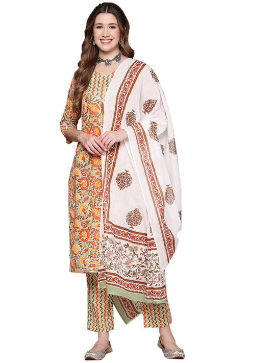 anubhutee Women Cotton Printed Straight Kurta Suit Set With Dupatta & Pants