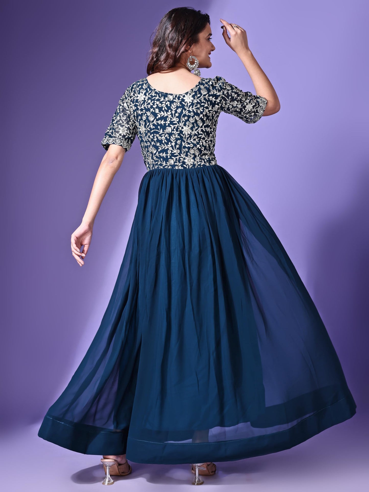 Wedani Georgette Embroidered Long Gown for Women Turquoise