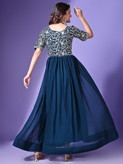 Wedani Georgette Embroidered Long Gown for Women Turquoise