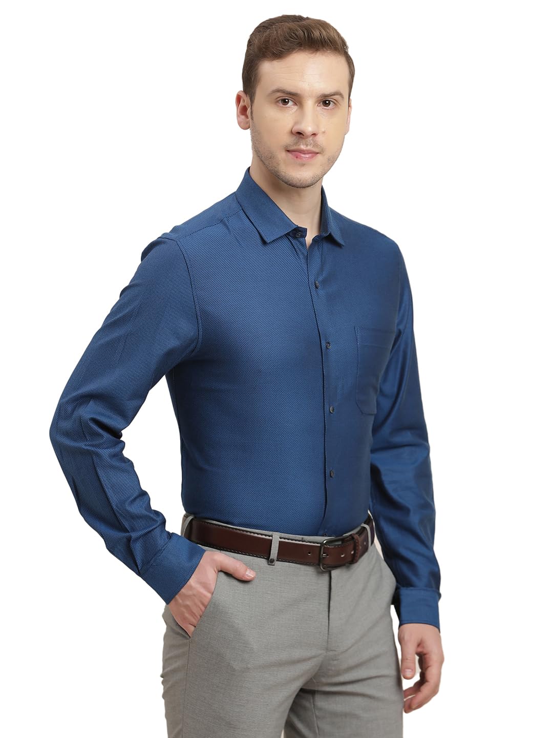 Turtle Men Giza Cotton Slim Fit Blue Dobby Print Full Sleeve Formal Shirt