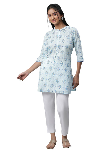 Blue Floral Printed Textured Kurti