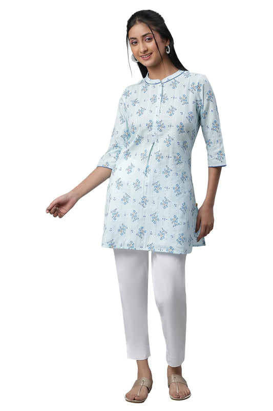 Blue Floral Printed Textured Kurti