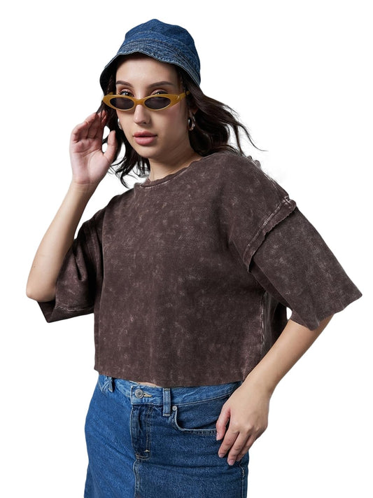 Bewakoof WomenS Solid Oversized Fit Half Sleeve Round Neck Cotton Short Top_615099_Brown_M