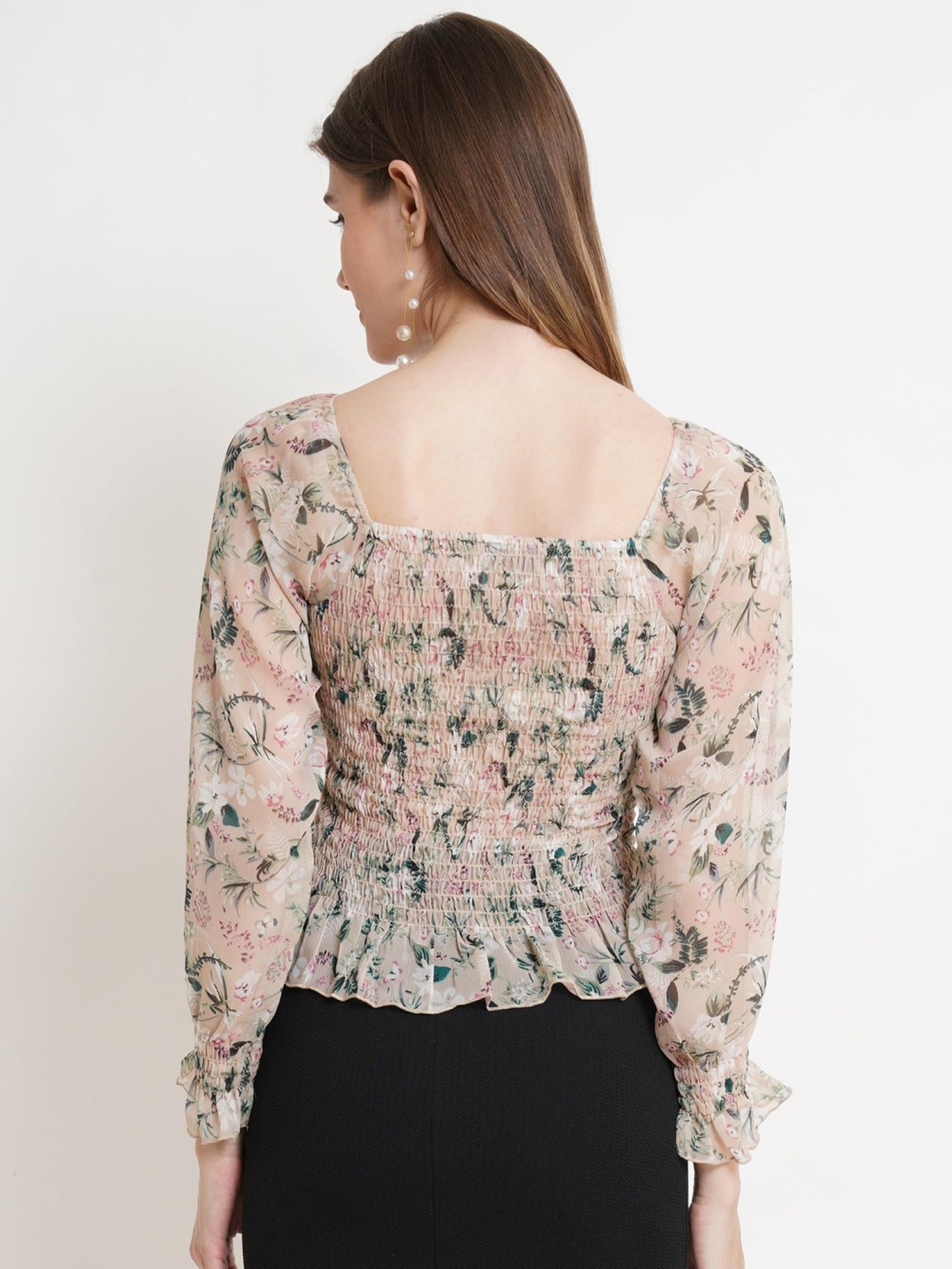 POPWINGS Casual Floral Print Chiffon Regular Fit Tops for Women || Full Sleeves Summer Tops for Women || Square Neck Smocking Pa
