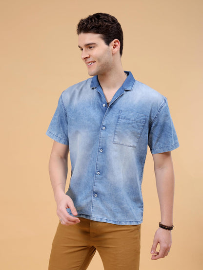 The Indian Garage Co Men Blue Relaxed Fit Solid Camp Collar Street Wear Shirt (Blue_M)