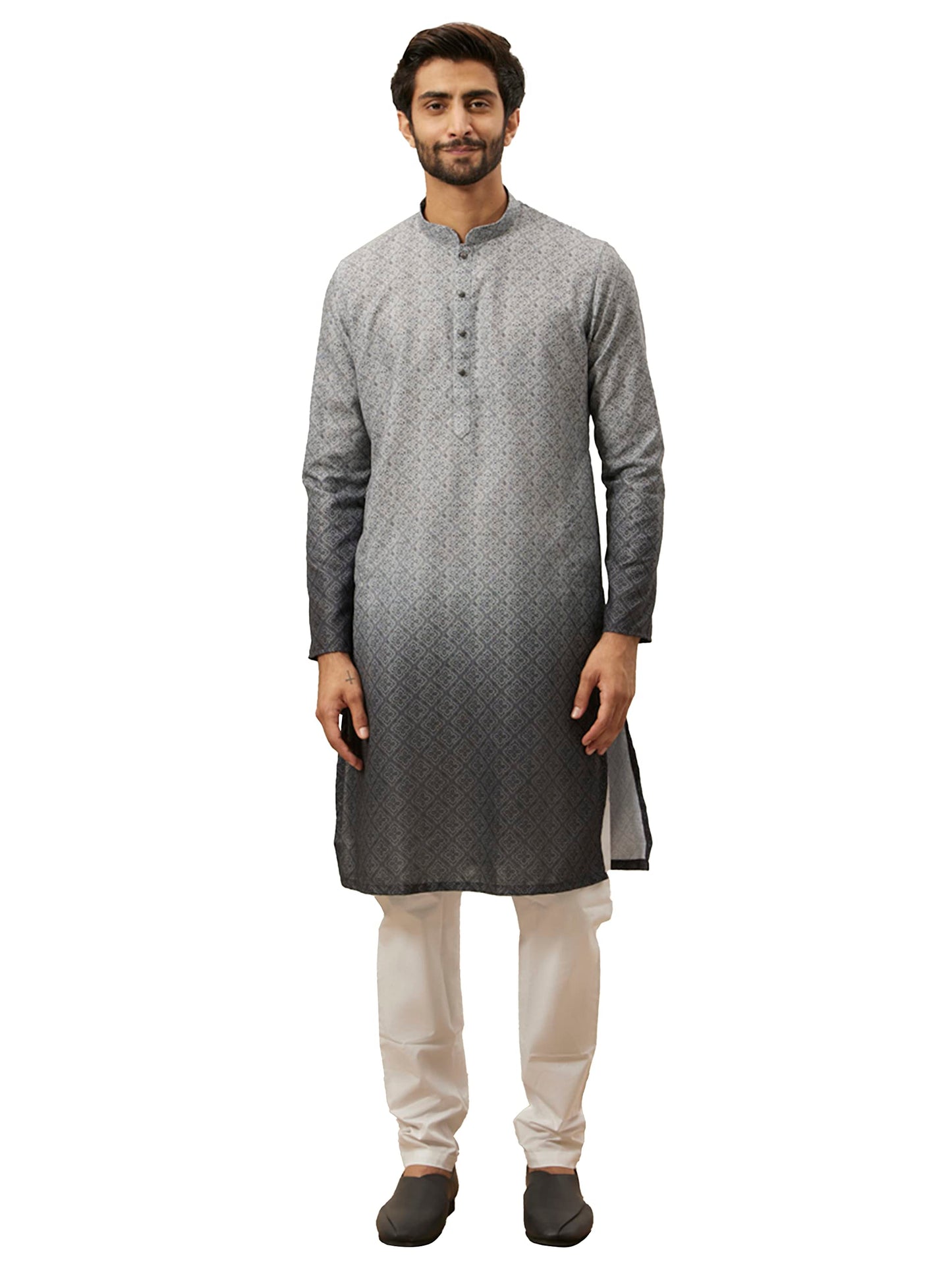 Manyavar Grey Blended Viscose Printed Full Sleeves Kurta