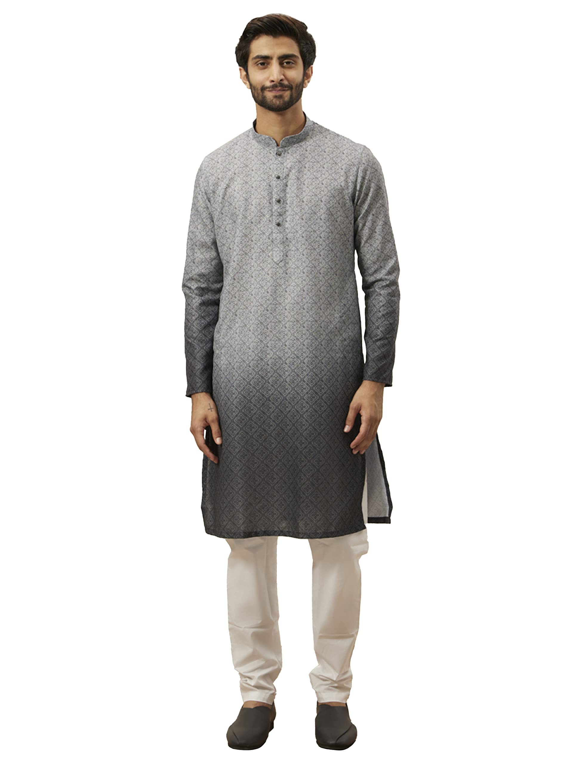 Manyavar Grey Blended Viscose Printed Full Sleeves Kurta