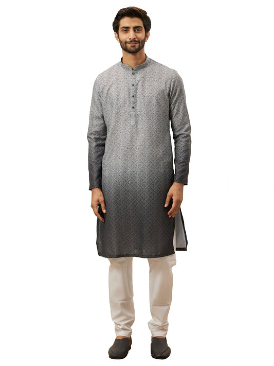 Manyavar Grey Blended Viscose Printed Full Sleeves Kurta